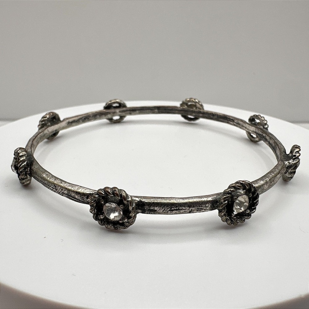 Vintage 90s Silver Tone Bracelet Floral Clear Rhinestone Boho‎ Women's Jewelry